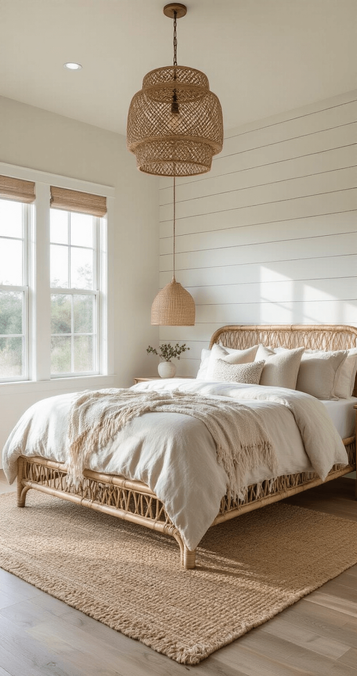 Coastal-inspired bedroom featuring Swiss Coffee walls and a white shiplap accent wall, with a natural rattan bed frame, stone-washed linen duvet, and macramé throw pillows, illuminated by mid-morning light and a seagrass pendant light casting shadows on driftwood-toned flooring and a jute area rug.