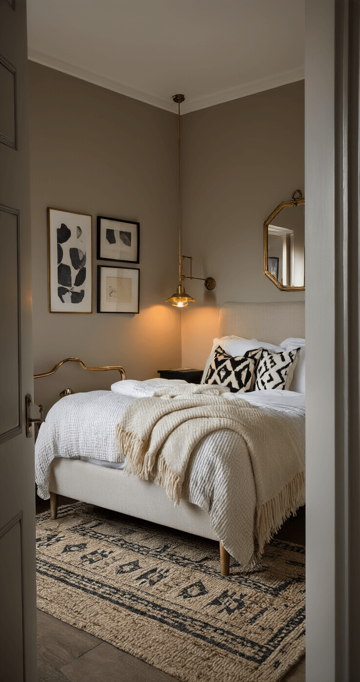 A petite urban bedroom at dusk featuring soft Dulux 'Timeless' walls, a brass-framed queen bed with an ivory bouclé headboard, layered with cashmere throws and geometric pillows. An antique gold mirror reflects warm LED sconces, while a black-and-white gallery wall adds contrast, all captured from the doorway with a shallow depth of field for an intimate atmosphere.