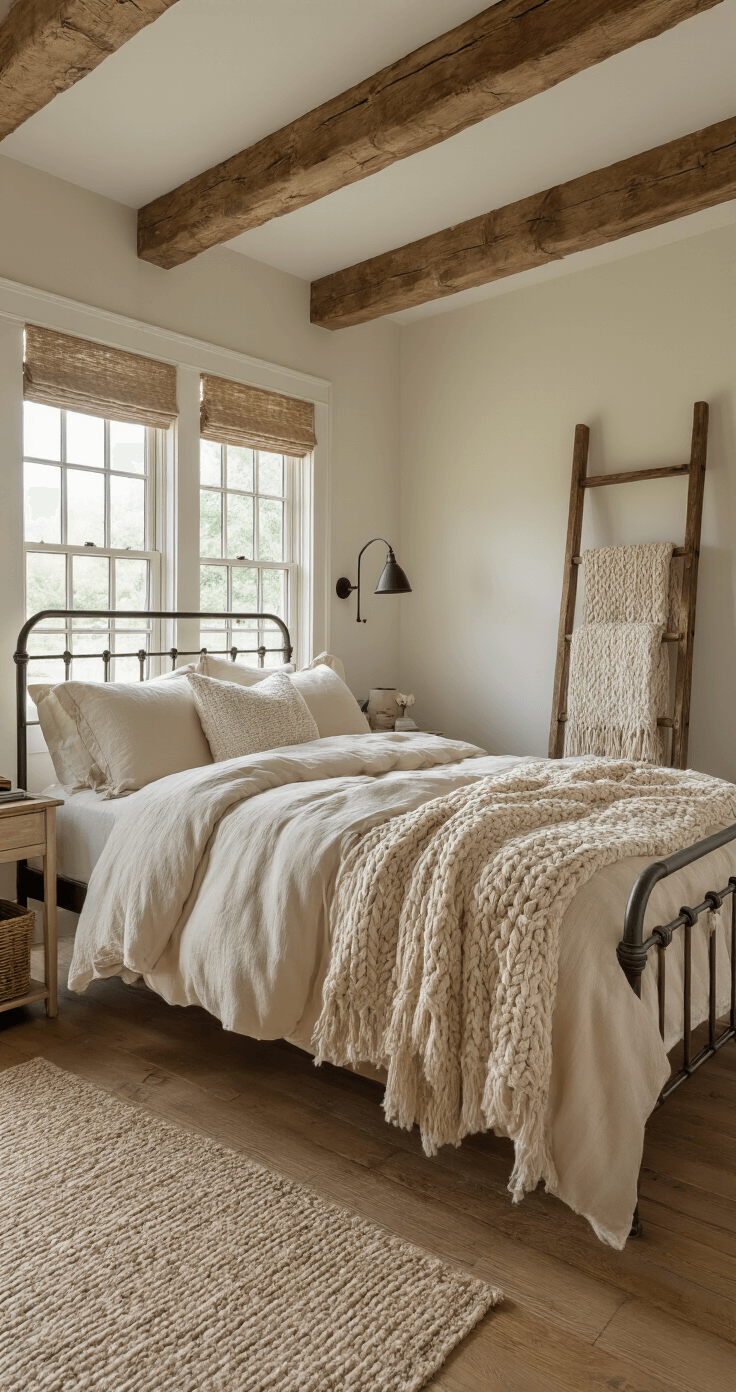 A cozy farmhouse-style bedroom featuring rustic wooden beams and a 9ft ceiling painted in SW 'Alabaster', with an iron bed frame dressed in creamy flannel sheets and chunky knit throws. A vintage ladder displays handwoven blankets against wide-plank oak flooring, illuminated by afternoon sunlight and warm practical lights, captured from a corner angle for detailed perspective.