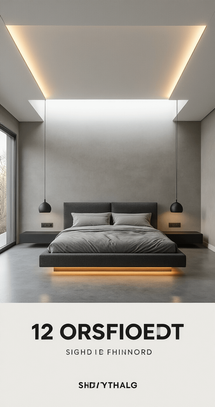 A modern minimal bedroom at dawn features a charcoal gray upholstered platform bed centered in a 12x14 feet space, dressed in stone-colored Egyptian cotton. Architectural soffit lighting combines cool morning light with warm LED strips in the ceiling cove. Matte black pendant lights hang asymmetrically, while polished concrete floors reflect soft light, creating a moody and contemplative atmosphere.