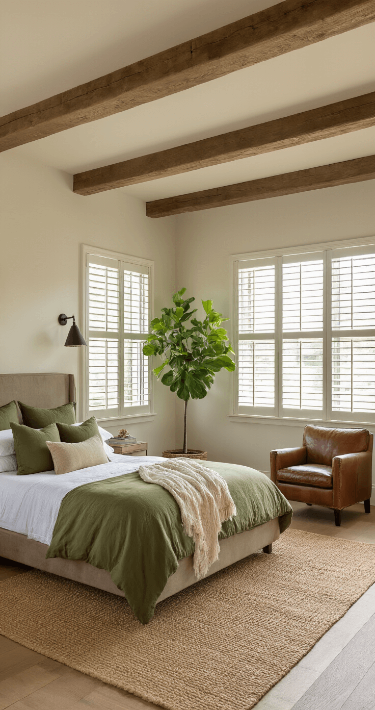 Cozy sanctuary featuring a queen bed with olive green linens, a vintage leather reading chair, and a potted fiddle leaf fig, all illuminated by late afternoon light through plantation shutters, set on wide-plank oak floors layered with a jute rug.