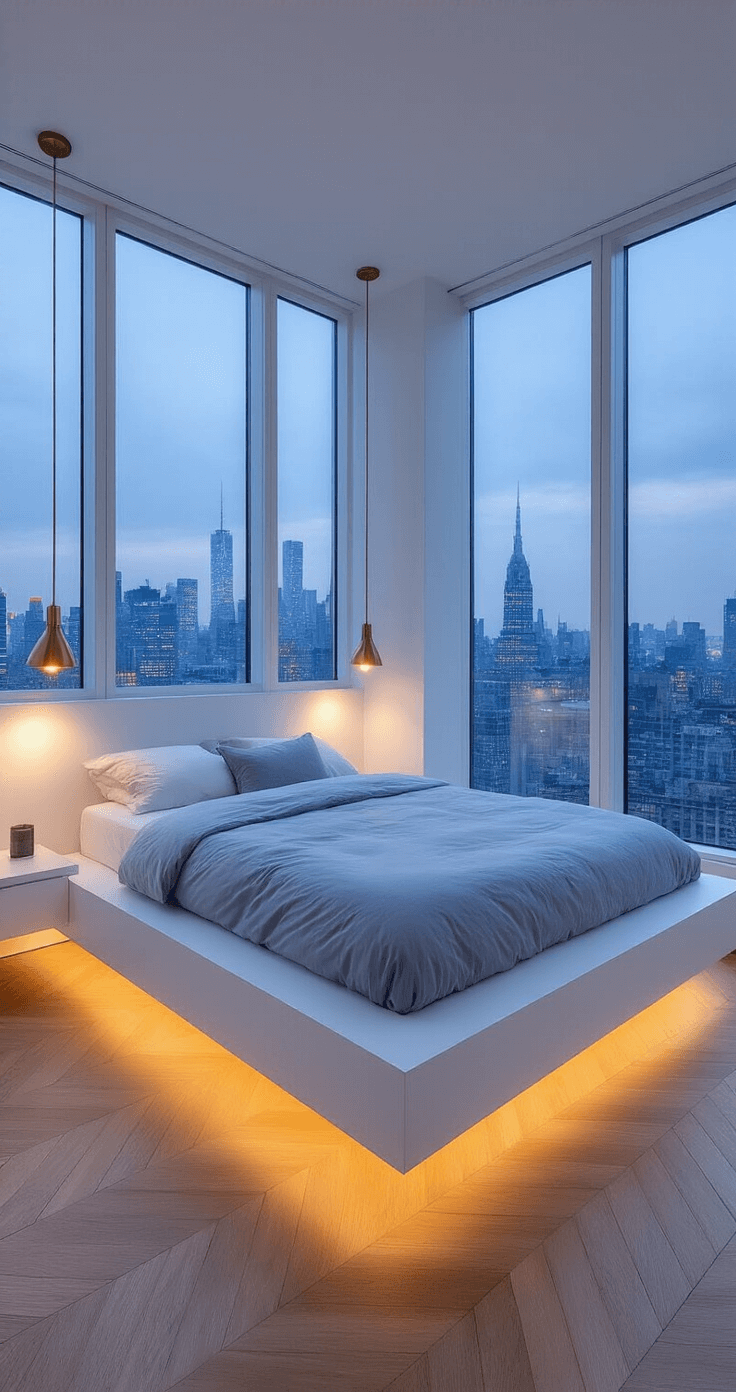 A minimalist urban bedroom featuring a floating white platform bed with integrated nightstands, dressed in cloud-gray linens. Floor-to-ceiling windows reveal a blue hour cityscape, while sculptural brass wall sconces offer warm accents. The engineered white oak herringbone floor adds geometric interest, captured from a high-angle corner shot with a 16mm wide angle lens.