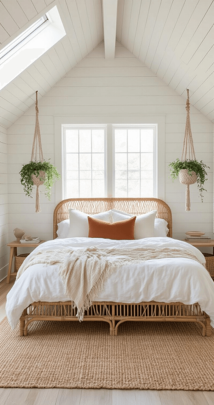 Bright, airy bedroom studio featuring a low-profile rattan bed with layered white and cream linens, accented by a rust-colored throw pillow, bathed in natural morning light from a skylight. Decorated with macramé plant hangers and whitewashed shiplap walls, the space has a seagrass rug over bleached pine floors, captured with an 85mm lens for a warm, inviting atmosphere.