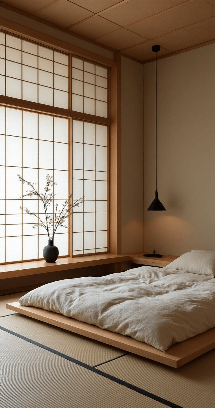 Japandi-inspired bedroom featuring a low futon-style bed in natural oak, surrounded by sliding shoji screens that diffuse midday light, with tatami mats over wooden flooring and a serene ikebana arrangement on a low wooden bench.