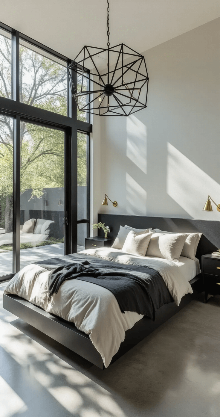 A modern minimalist black bedroom featuring a low-profile platform bed with charcoal linen bedding and ivory silk pillows, illuminated by morning light from floor-to-ceiling windows. Polished concrete floors and geometric black metal chandelier enhance the aesthetic, complemented by black nightstands with brass hardware, captured in soft focus to highlight texture and shadows.