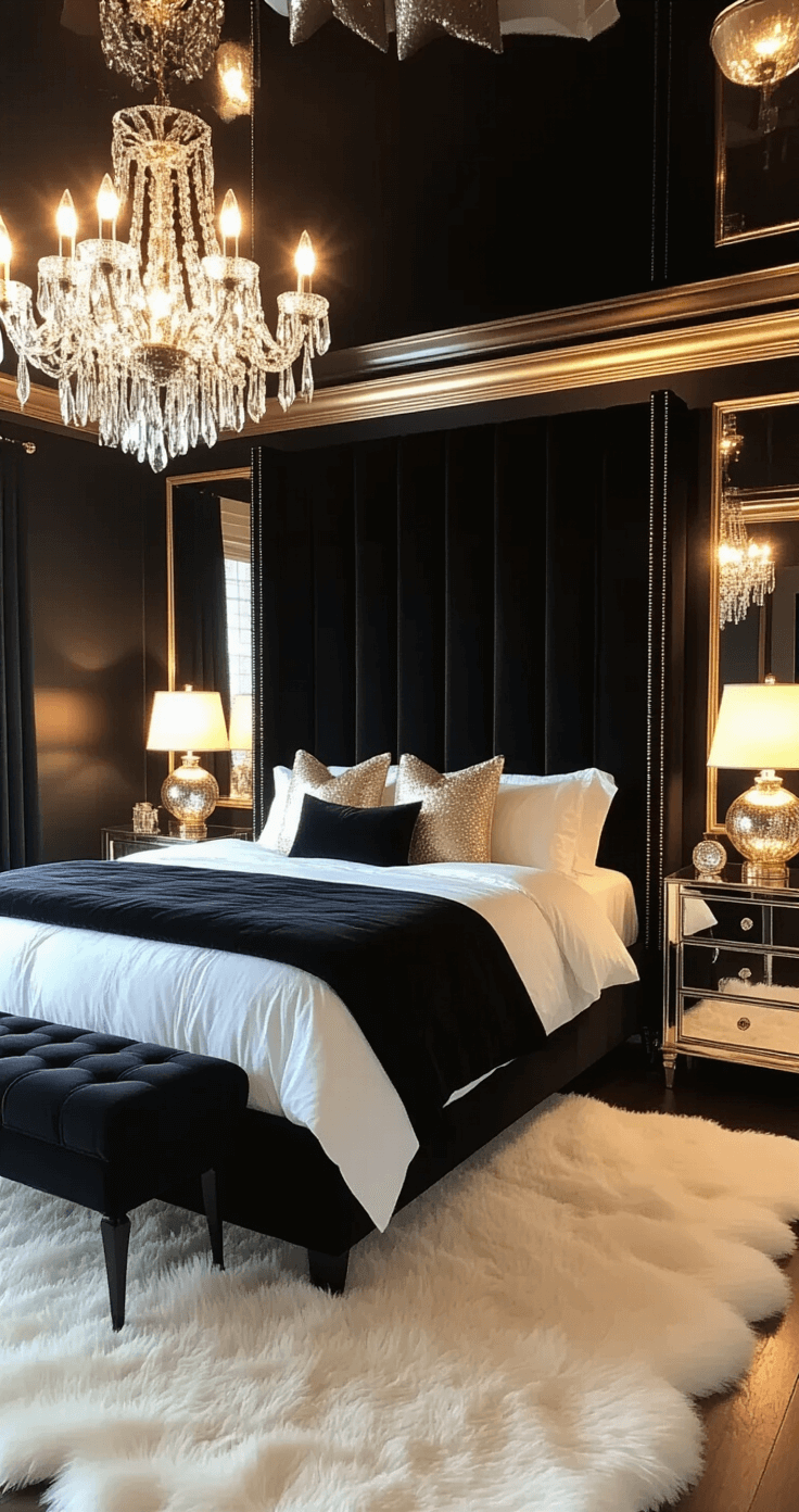 Luxe glamour bedroom featuring a deep black velvet upholstered bed with a channeled headboard and gold leaf trim, illuminated by a crystal chandelier against a high-gloss black ceiling, with mirrored nightstands and mercury glass lamps, and an ivory sheepskin rug, captured from an elevated angle during golden hour.