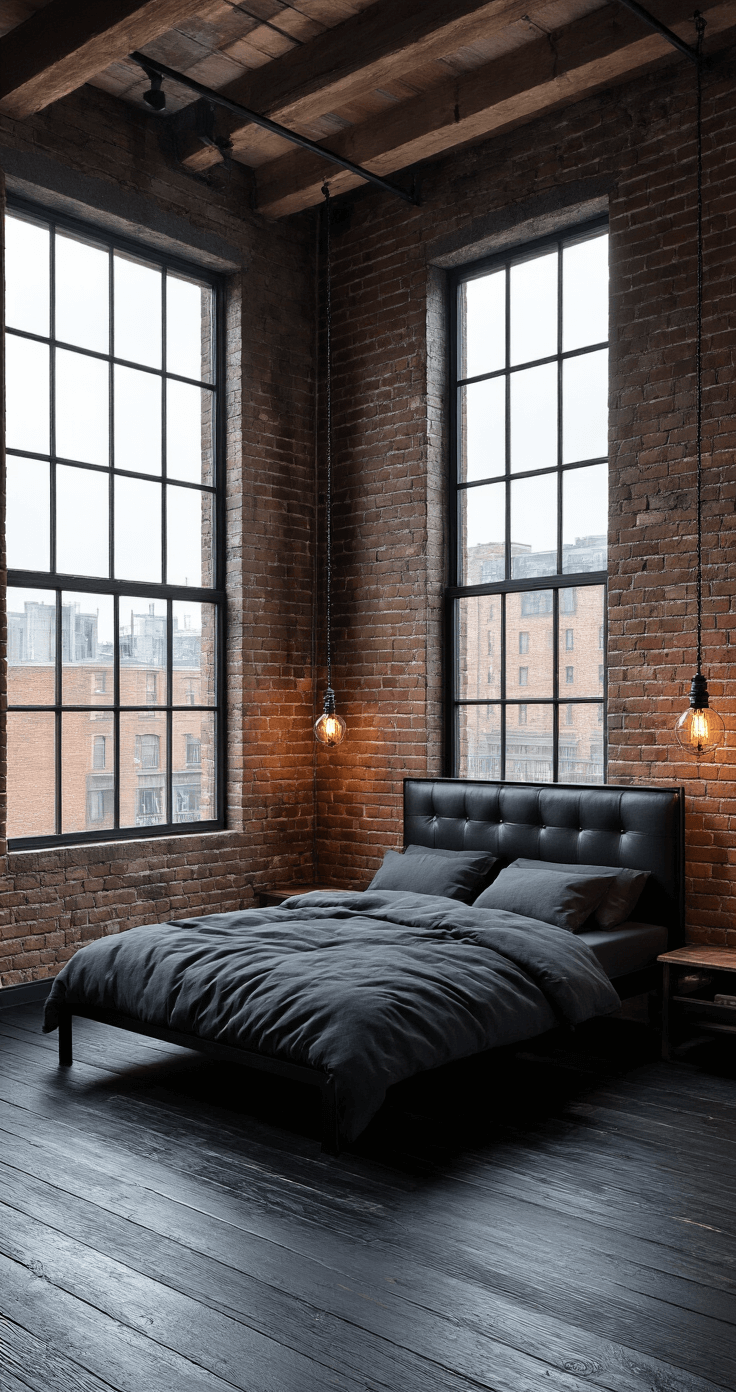 Industrial-style loft bedroom featuring matte black exposed brick, a raw steel bed frame with black leather headboard, and charcoal linen bedding, illuminated by late afternoon light filtering through steel-framed windows, with vintage pendant lights and distressed black wood floors, captured from a corner perspective to highlight architectural details and textures.