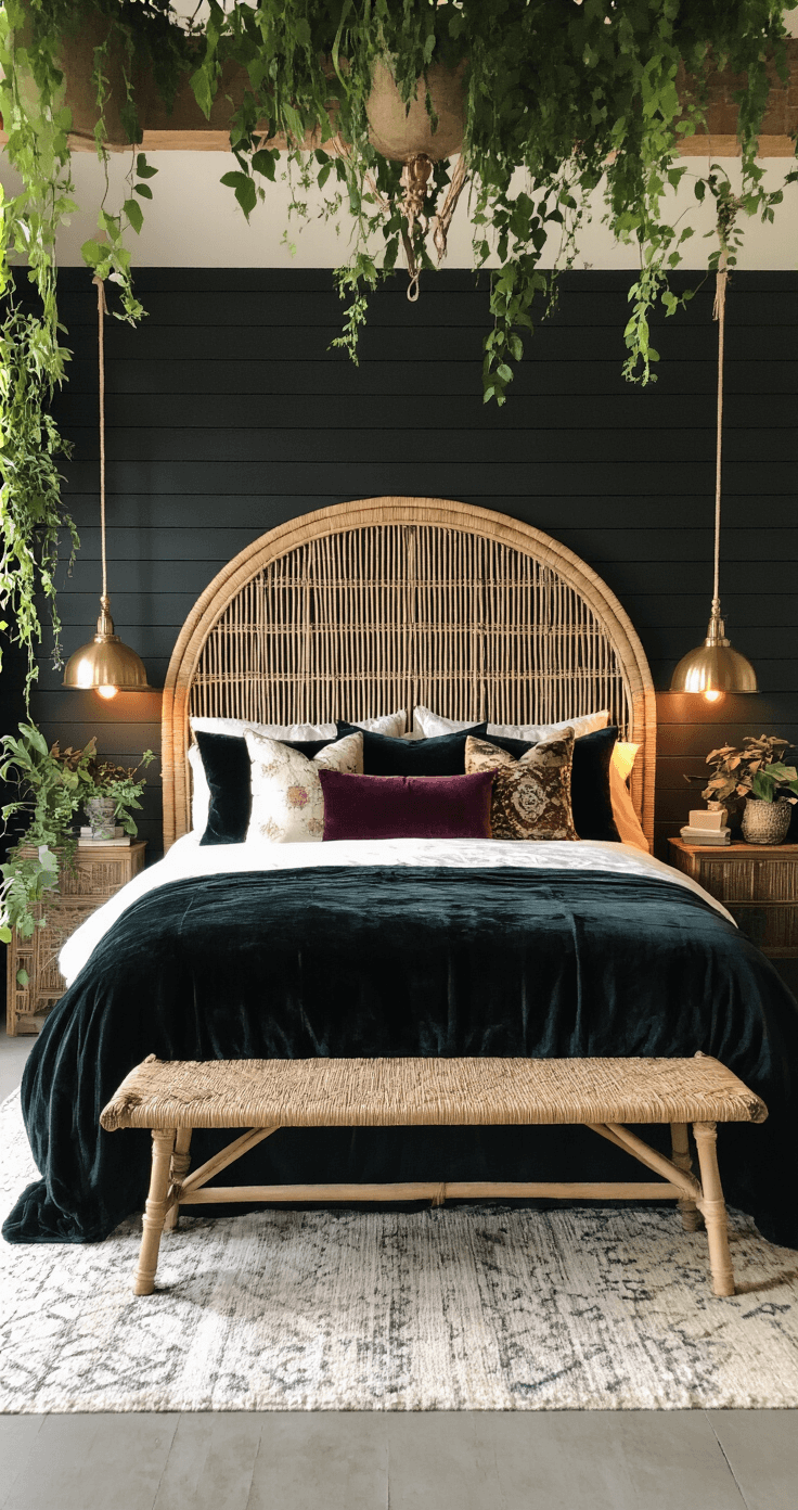Moody bohemian bedroom at dusk featuring a black shiplap accent wall and oversized black rattan headboard, adorned with layers of black and jewel-toned textiles, cascading plants in macramé hangers, and vintage brass floor lamps, all captured in a symmetrical composition with dreamy bokeh effect.