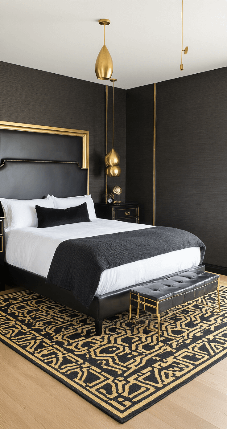 A contemporary black and gold bedroom featuring black grasscloth wallpaper, a king bed with a black leather headboard and gold-leafed trim, sculptural gold pendant lights, black marble nightstands with brass inlay, and a geometric black and gold area rug, captured from an elevated corner angle with balanced natural and warm artificial lighting.