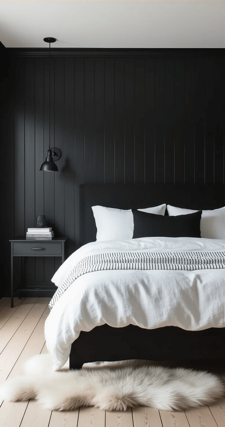 A minimalist Scandinavian-inspired black bedroom featuring black wood paneling, a black oak bed frame with white linen bedding, and black pinstripe details, all illuminated by morning light. The room includes simple black metal sconces and pale wood flooring, enhanced with sheepskin throws for texture. The shot captures the space from a low angle to highlight the ceiling height, using diffused natural lighting to emphasize the contrast between the black and white elements.