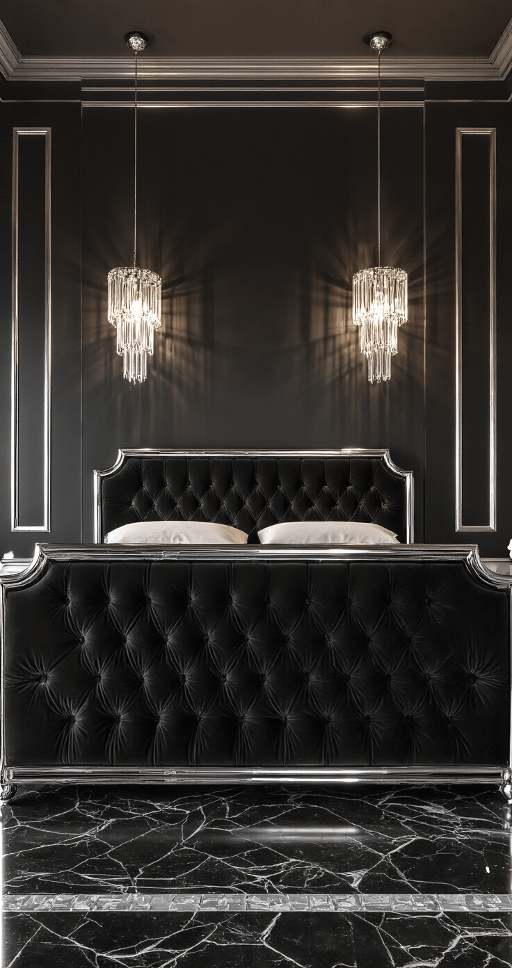 Art Deco black bedroom at night featuring high-gloss black walls with silver geometric trim, a channel-tufted black velvet bed with a chrome frame, and crystal drop sconces casting dramatic shadows, all set on black marble flooring with silver inlay, shot straight-on for a symmetrical composition with dramatic accent lighting.