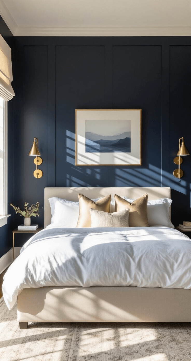 Intimate bedroom featuring a navy accent wall behind an ivory platform bed, with golden afternoon light illuminating charcoal velvet bench, white bedding, and champagne silk pillows, all framed by geometric window treatments and brushed gold sconces.