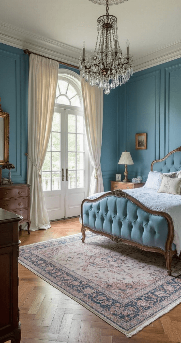 A vintage-inspired blue boudoir featuring slate blue walls, herringbone hardwood floors, and original crown molding, with a tufted periwinkle headboard, antique brass fixtures, and a crystal chandelier. French doors draped in ivory silk lead to a juliet balcony, with a vintage Persian rug and mahogany furniture enhancing the old-world charm, all captured in soft, diffused lighting.
