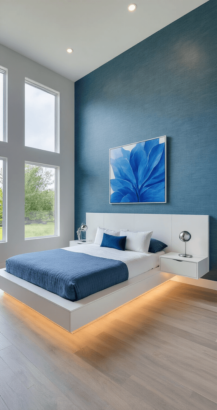 Contemporary primary suite featuring floor-to-ceiling windows, geometric powder blue wallpaper, modern white furniture, platform bed with LED lighting, and abstract blue artwork, captured with eye-level perspective and sharp contrast lighting.