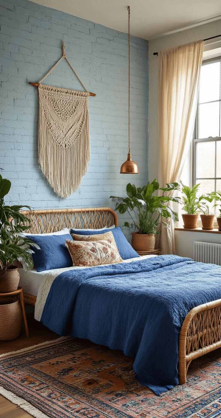 Cozy 12x12ft bohemian retreat featuring exposed light blue brick walls, a rattan bed with indigo-dyed textiles and vintage quilts, macramé wall hanging, potted plants, copper accents, and layered Moroccan rugs, illuminated by warm golden hour light filtering through gauzy curtains.