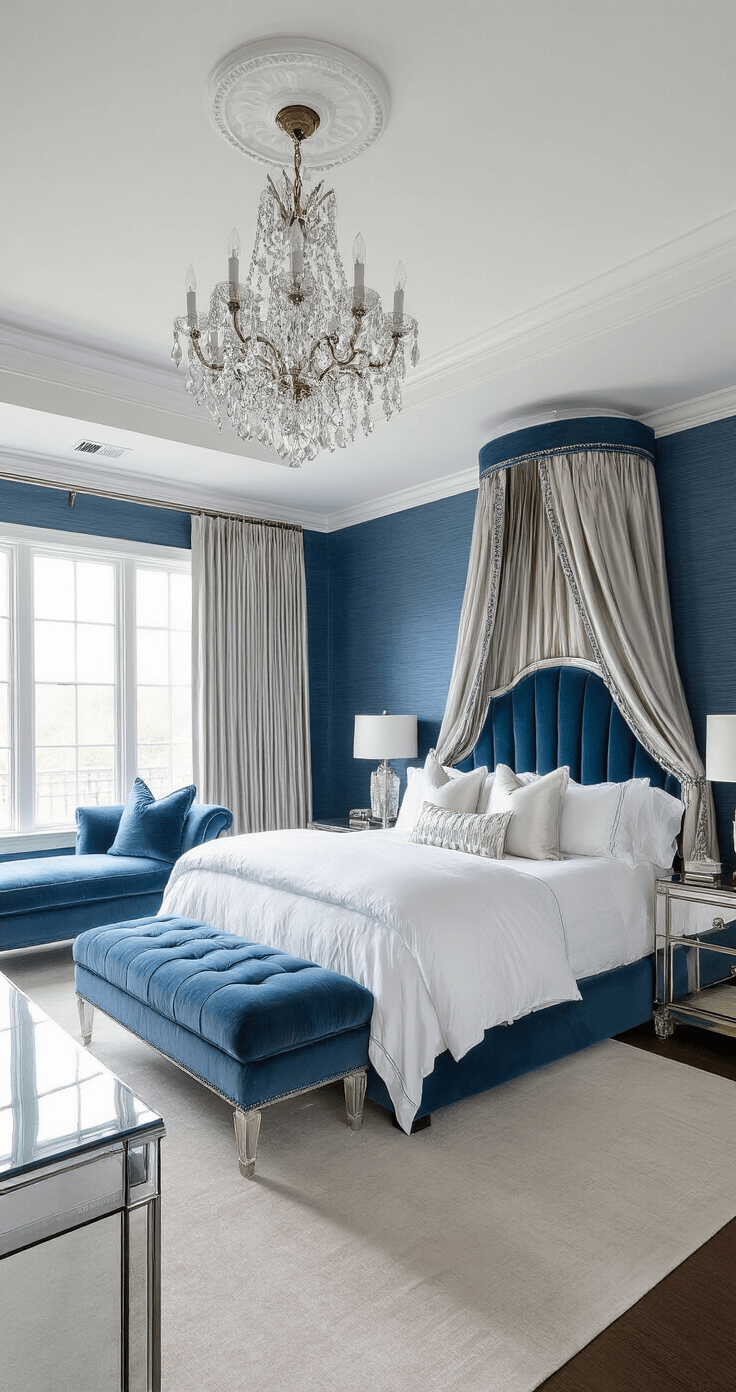 Expansive master bedroom featuring a tray ceiling with a crystal chandelier, deep sapphire grasscloth wallpaper, mirrored furniture, and platinum silk drapes. A king bed with a channeled velvet headboard in pale blue, adorned with high-thread-count white linens and silver accents. A chaise lounge in the window nook, captured from an elevated angle highlighting the room's grandeur and dramatic metallic elements.