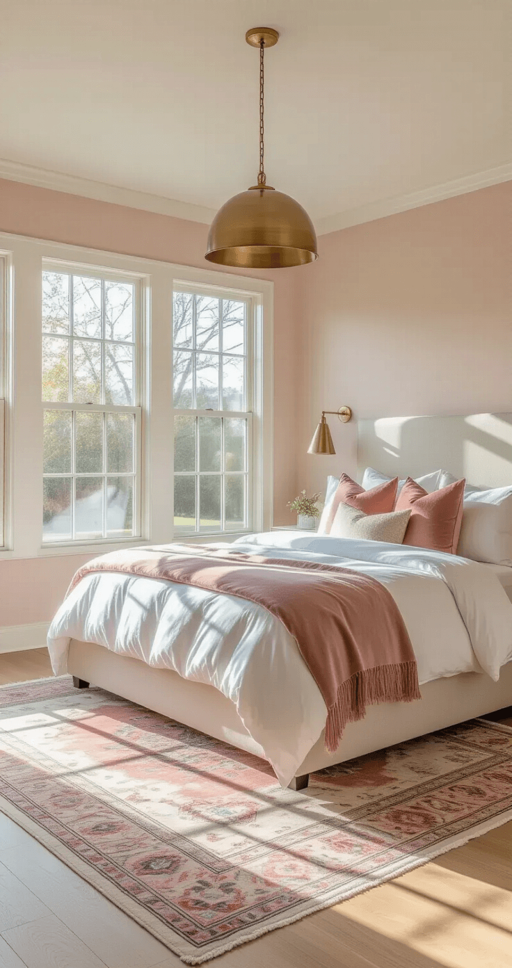 A sunlit modern bedroom featuring a California king bed with white linens and blush velvet pillows, set against Pale Pink Satin walls, with large west-facing windows illuminating natural white oak flooring and a vintage Persian rug in muted rose tones, captured at golden hour from a corner angle.