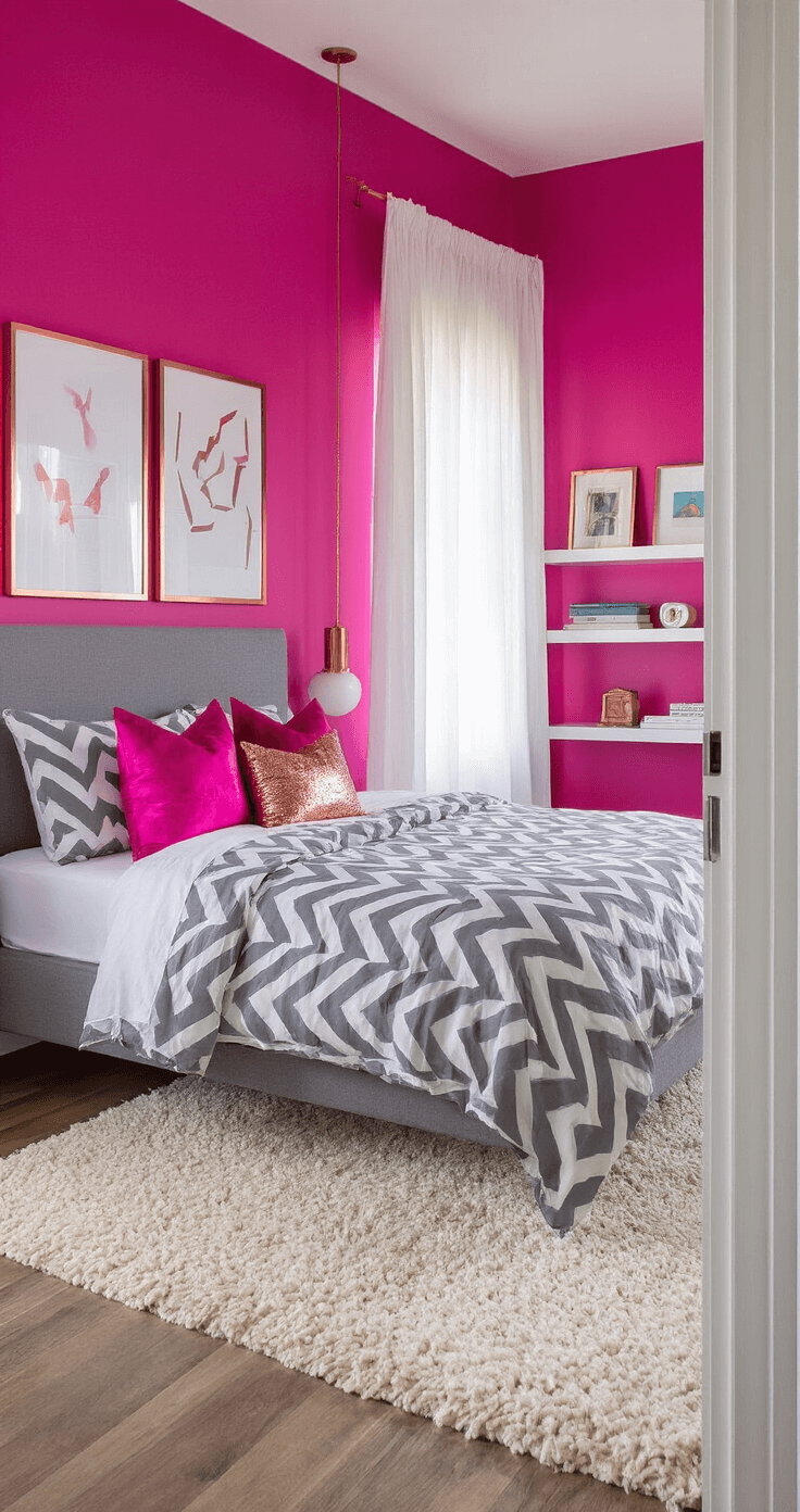 Intimate teenage bedroom featuring a dramatic fuchsia accent wall, contemporary platform bed with geometric bedding, and soft morning light filtering through sheer curtains, enhancing the vibrant decor.