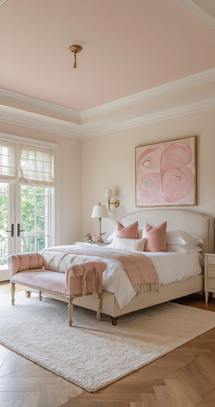Luxurious primary suite featuring a king bed with champagne silk headboard and layered bedding, accented by a vintage pink velvet throw. Soft rose tray ceiling and blush-toned abstract art, with brass sconces, herringbone hardwood floors, and a plush cream area rug. Dawn light casts subtle shadows in a warm glow.