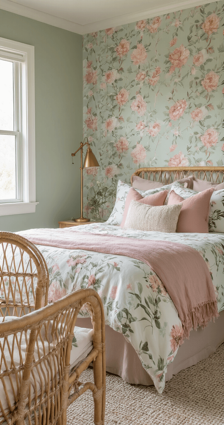 Cozy guest room featuring a queen bed with botanical print bedding and a pink linen throw, complemented by mixed texture pillows. A rattan chair sits in the corner beside a brass floor lamp, with a vintage rose wallpaper accent wall. The warm late afternoon light casts gentle shadows, enhancing the intimate atmosphere.