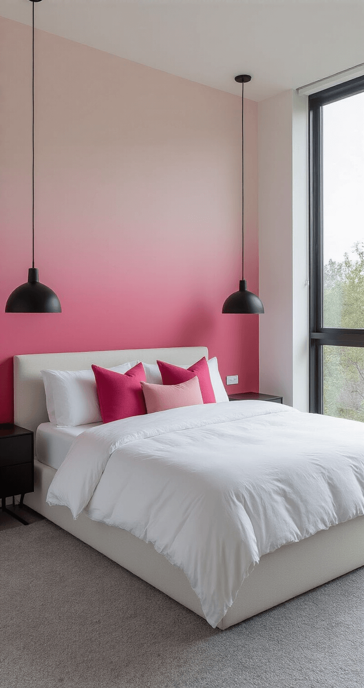 Modern bedroom with ombré pink walls, a platform bed with minimalist white and pink bedding, matte black pendant lights, and grey wool carpet, captured from a corner with wide-angle lens and high-key lighting.