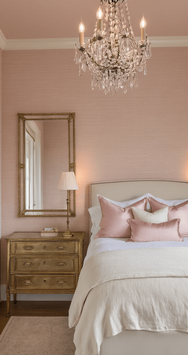 A romantic bedroom featuring blush pink grasscloth wallpaper and dusk lighting. The cream linen queen bed is adorned with layers of pink silk pillows, complemented by a sparkling crystal chandelier above. An antique mirror is displayed above a brass console table, captured from a low angle to emphasize the room's height and warmth.