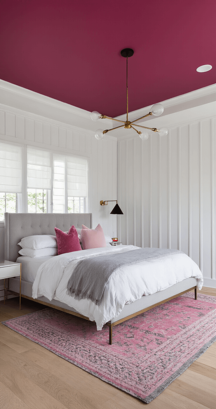 Contemporary bedroom featuring a dramatic deep rose ceiling, king bed with white/grey bedding and pink accent pillows, and geometric pink/grey area rug, illuminated by morning light and black and brass lighting fixtures.