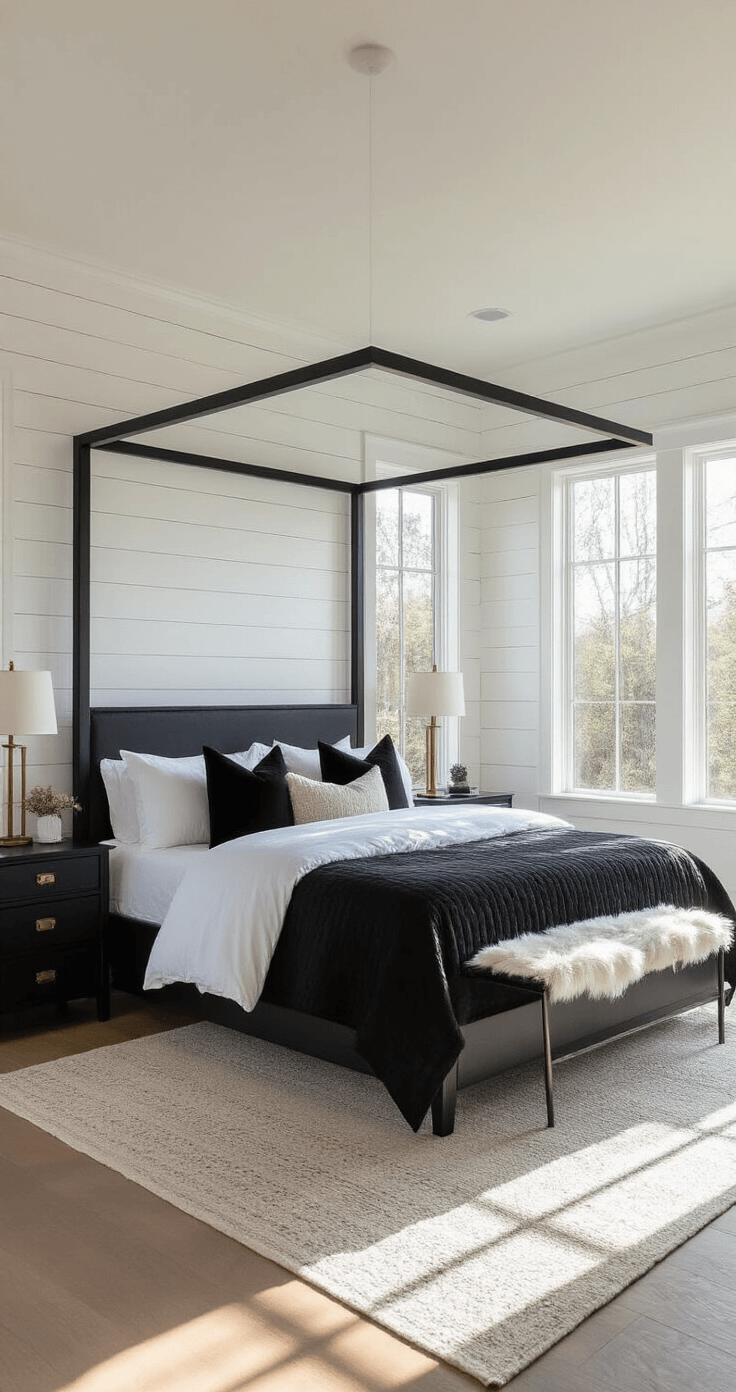 A spacious master bedroom featuring a black iron canopy bed against a white shiplap wall, layered with white Egyptian cotton sheets and black quilted coverlet, accented by monochrome textured pillows. Floor-to-ceiling windows allow morning light to fill the room, highlighting black nightstands with brass hardware. Shot from a low corner angle to emphasize the height of the bed and the warm glow of golden hour.