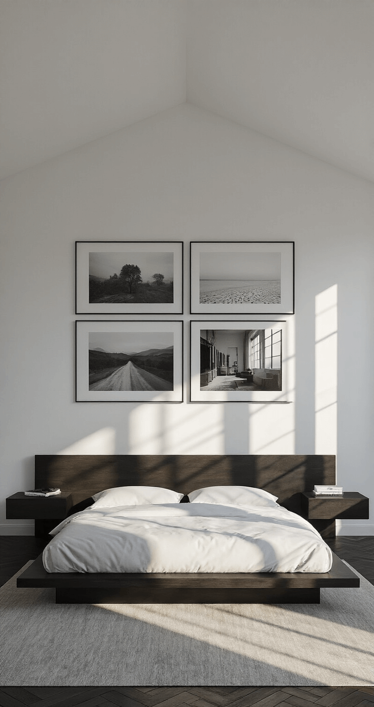 A modern minimalist bedroom featuring 10ft white walls, dark herringbone hardwood floors, and an ebony-stained oak platform bed with floating nightstands. Late afternoon light creates dramatic shadows through sheer white curtains, highlighting an oversized black and white photography gallery wall arranged in a grid formation above the headboard. The camera captures the leading lines of the flooring from bed level, with soft box lighting enhancing texture contrasts.