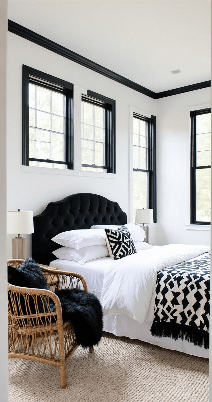 Intimate 12x12ft bedroom with white walls and black trim, showcasing a tufted black velvet headboard, geometric patterned bedding, and a rattan chair with a sheepskin. The room is illuminated by twilight blue hour light through black-framed windows, creating a moody atmosphere. Shot from the doorway.