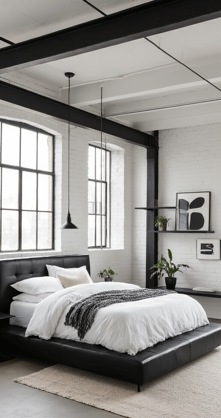 Contemporary loft-style bedroom featuring exposed white brick walls, black steel beams, and large industrial windows. A low-profile black leather platform bed with a white duvet is complemented by mixed metal accents, while floating black shelves display monochrome art and plants. The image is captured from an elevated angle, highlighting the architectural details and soft lighting on textured elements.