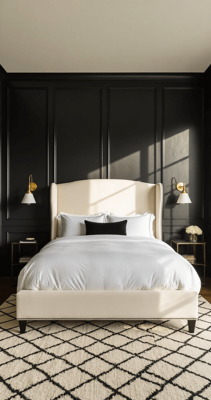 A luxurious boutique hotel-style bedroom featuring 12ft ceilings and black panel wainscoting, illuminated by golden hour sunlight that creates dramatic shadows. The room showcases a white upholstered wingback bed with black piping centered between brass sconces, layered rugs consisting of a cream bouclé underneath a geometric black and white pattern, with a symmetrical view emphasizing edge lighting that highlights the wall textures.