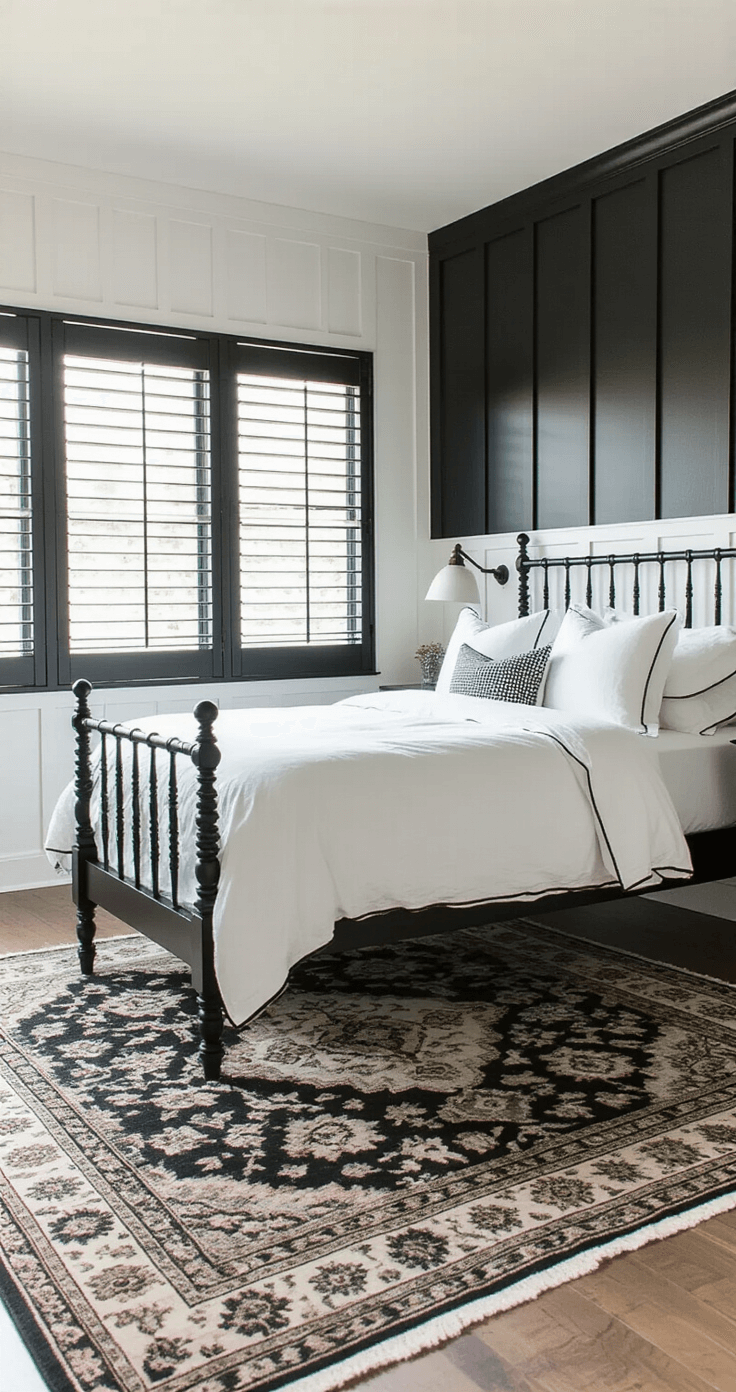 A cozy 10x14ft bedroom featuring white board and batten walls up to 6ft height with black paint above, illuminated by early morning light filtering through plantation shutters. The modern black spindle bed is dressed in white linen with black contrast piping, complemented by a vintage Persian rug in faded black and ivory. The corner composition highlights wall details and bed styling, with diffused key light and rim lighting accentuating architectural elements.