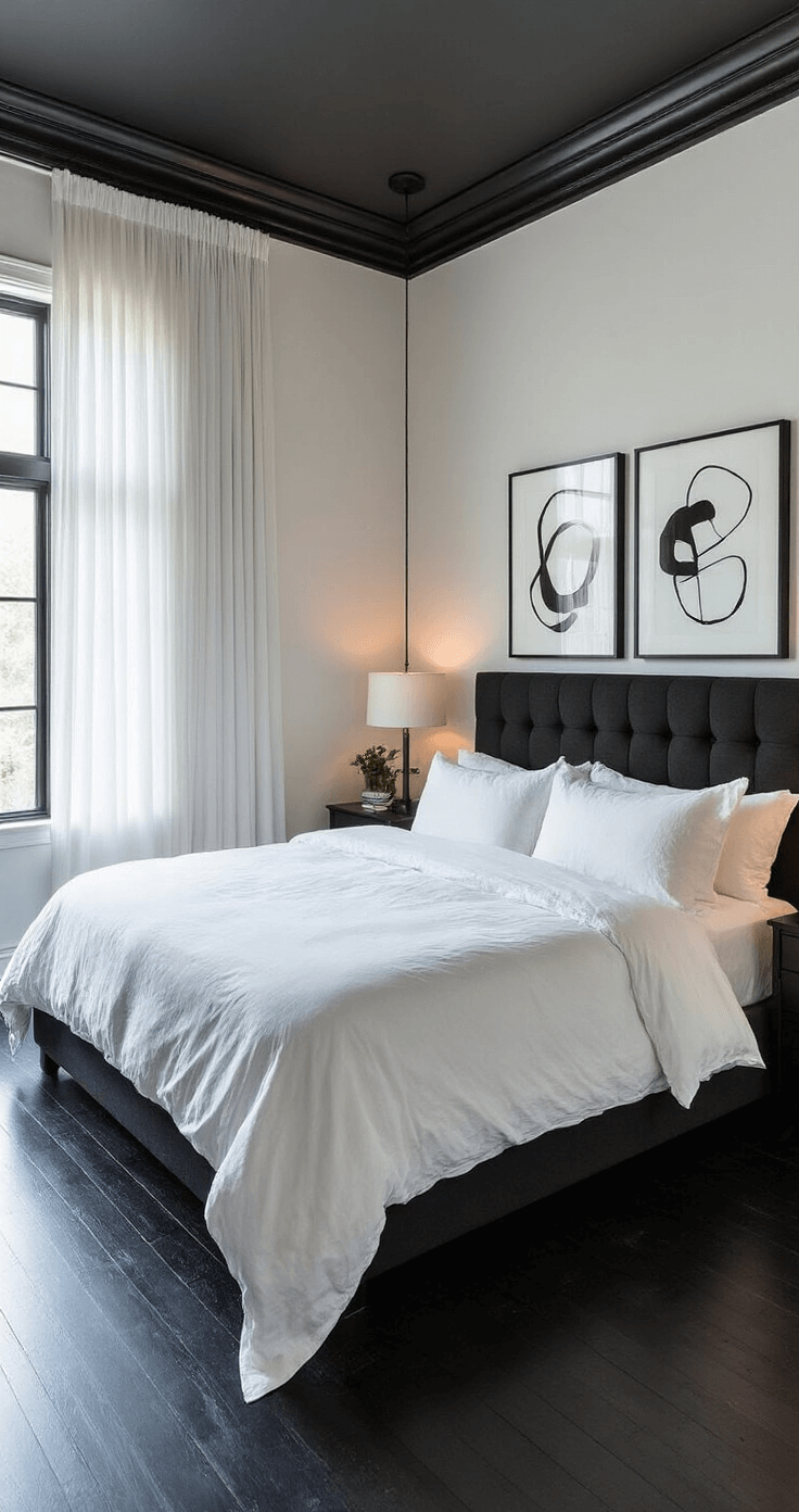 Sophisticated master suite featuring white venetian plaster walls, black hardwood floors, and a king-sized bed with a black channel-tufted headboard, accented by white organic cotton bedding. Dusk lighting filters through floor-length sheer curtains, illuminating asymmetrically arranged abstract black and white art pieces on the walls, captured in a high angle shot that emphasizes the room's layout and dramatic side lighting highlighting wall textures.