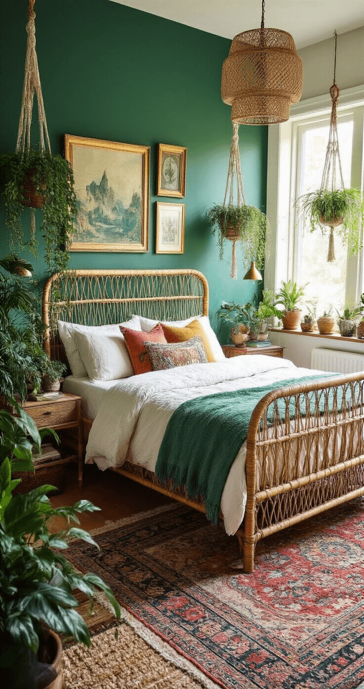 A cozy corner bedroom with an emerald green accent wall, featuring a rattan bed adorned with vintage linens and colorful pillows. Potted plants hang from macramé hangers, and a gallery wall of gold-framed artwork adds character. An elevated view reveals layered vintage rugs and a reading nook, blending natural materials with jewel tones and brass fixtures.