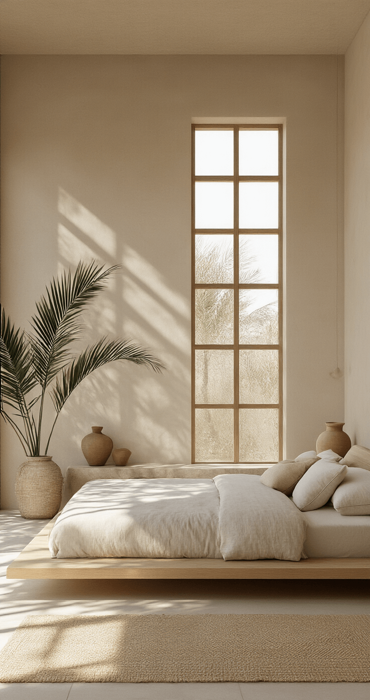 A modern bedroom featuring a bleached oak platform bed against a textured grasscloth wall, with geometric shadows cast by an architectural window grid. The room has minimal decor, including handcrafted ceramic vessels and a large palm plant, all bathed in warm afternoon light that accentuates the organic textures of limestone, wood, and natural fibers in a monochromatic palette of warm whites and taupes.