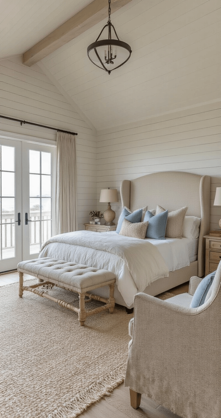A sophisticated coastal bedroom featuring a vaulted ceiling, shiplap accent wall, and upholstered wingback headboard. The room is adorned with sandy neutral bedding and blue-grey accents, and French doors lead to a balcony. Captured during golden hour, it showcases a refined beach house aesthetic with weathered wood, rope details, and textured grasscloth.