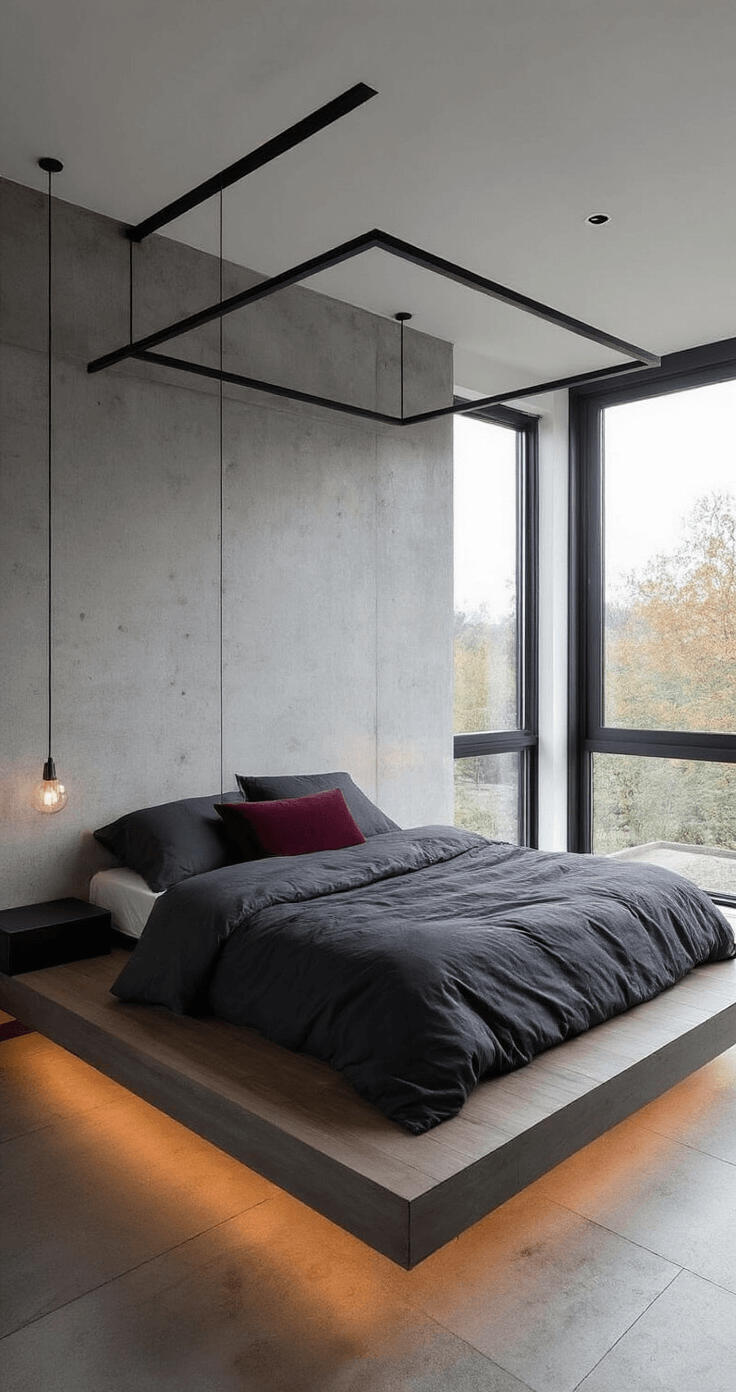 Contemporary bedroom with floor-to-ceiling windows, a floating platform bed beneath a black metal canopy, and a concrete accent wall. Monochromatic bedding in charcoal and slate, accented by a single burgundy pillow, illuminated by dramatic evening lighting that highlights the contrast of smooth and rough textures.