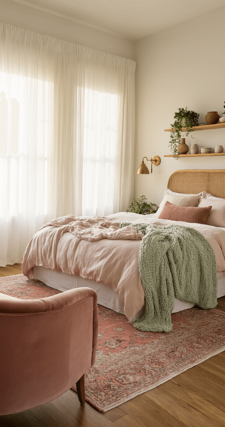 A cozy, sunlit bedroom featuring a plush queen bed in blush pink and cream, with sheer white curtains and a sage green knit throw. Vintage brass sconces and a rattan headboard complement a reading nook with a dusty rose velvet chair. Floating shelves highlight curated ceramics and plants, set on warm oak flooring with a muted coral Persian rug.