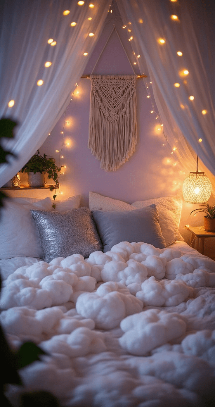 A cozy corner bedroom with a twin daybed adorned in white cotton and silver-grey velvet pillows, illuminated by warm LED string lights and a ceramic lamp. Macramé wall hanging on pale lavender walls, with floating copper shelves and potted plants creating delicate shadows. The scene is dreamy and ethereal at dusk.