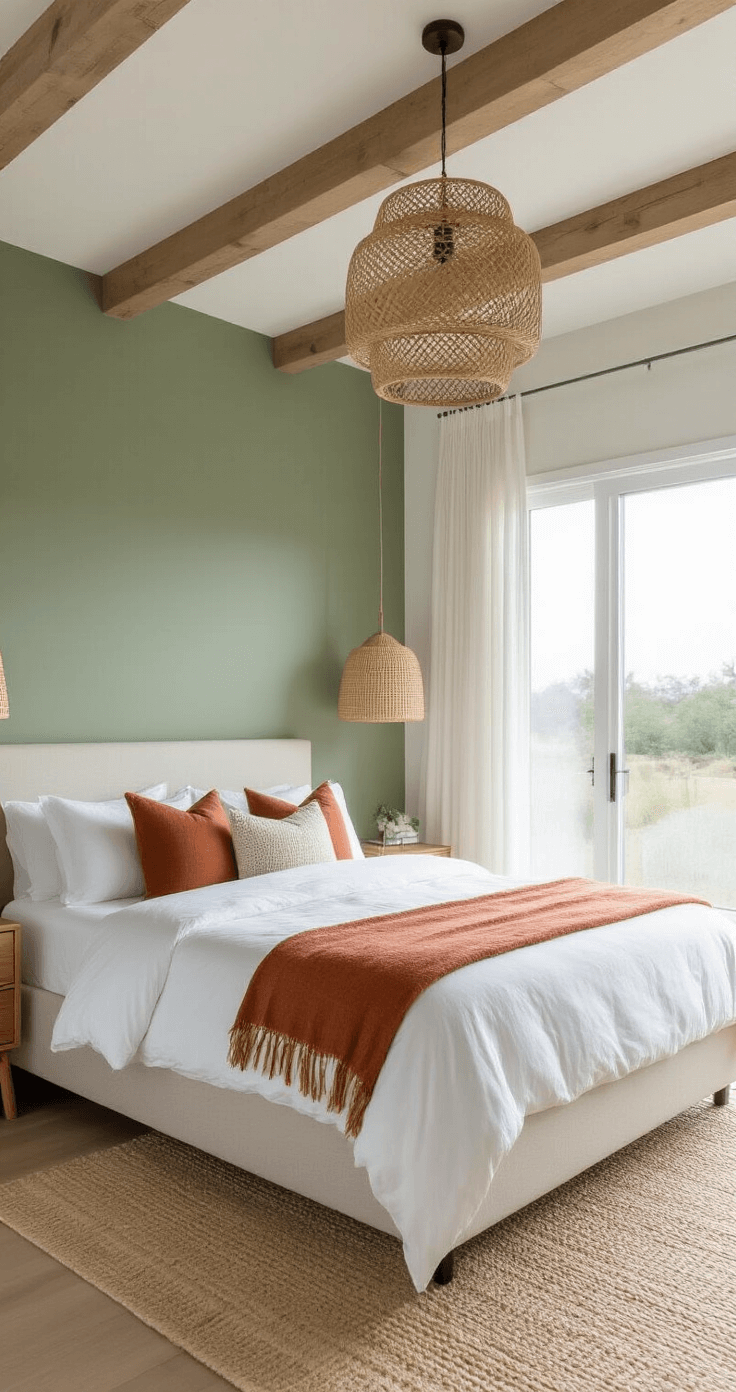 Bright minimal bedroom with sage green accent walls, featuring a king bed with white linen, handwoven pillows, and a modernist rattan pendant lamp. The room is flooded with natural light from floor-to-ceiling windows, showcasing exposed white wooden beams and natural textures like jute and ceramic.