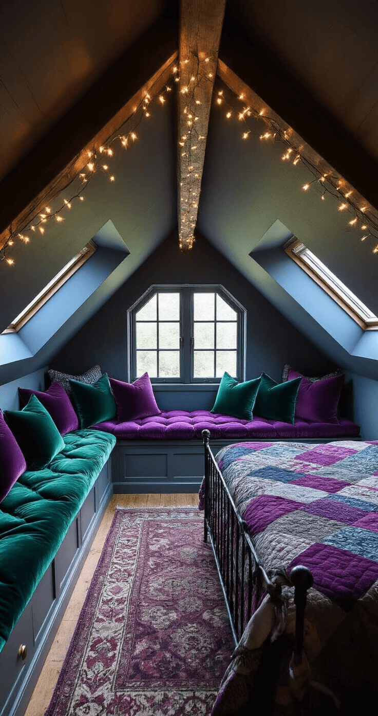 Cozy attic bedroom at blue hour with dormer windows, window seat adorned with jewel-toned velvet cushions, fairy lights twinkling among exposed rafters, vintage iron bed layered with patterned quilts, captured from a high corner angle for unique architectural view.