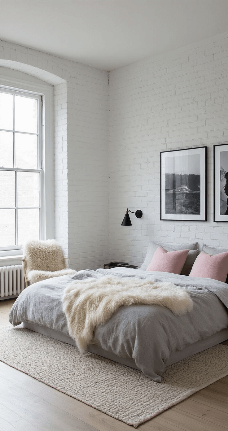 A Scandinavian-inspired bedroom featuring white-painted brick walls, a low-profile platform bed with grey linen and pale pink accents, minimalist black and brass sconces, a sheepskin throw on a modern accent chair, and large black and white photography, all captured in warm morning light with a focus on geometric lines and balanced negative space.