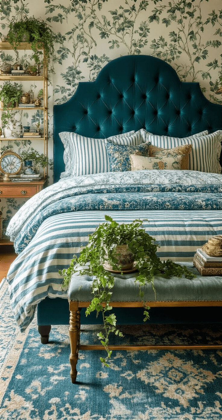 A vibrant and maximalist bedroom featuring botanical wallpaper, striped bedding, and a vintage overdyed rug in blues and greens, with brass étagères adorned with curiosities and trailing plants, a dramatic tufted velvet headboard in peacock blue, all bathed in soft afternoon light.