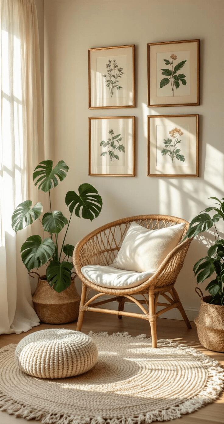 A tranquil bedroom corner at sunrise with a curved rattan chair under vintage botanical prints, gauzy curtains filtering soft light, potted monstera leaves casting ethereal shadows, and textured decor including a wool pouf and woven basket planters.