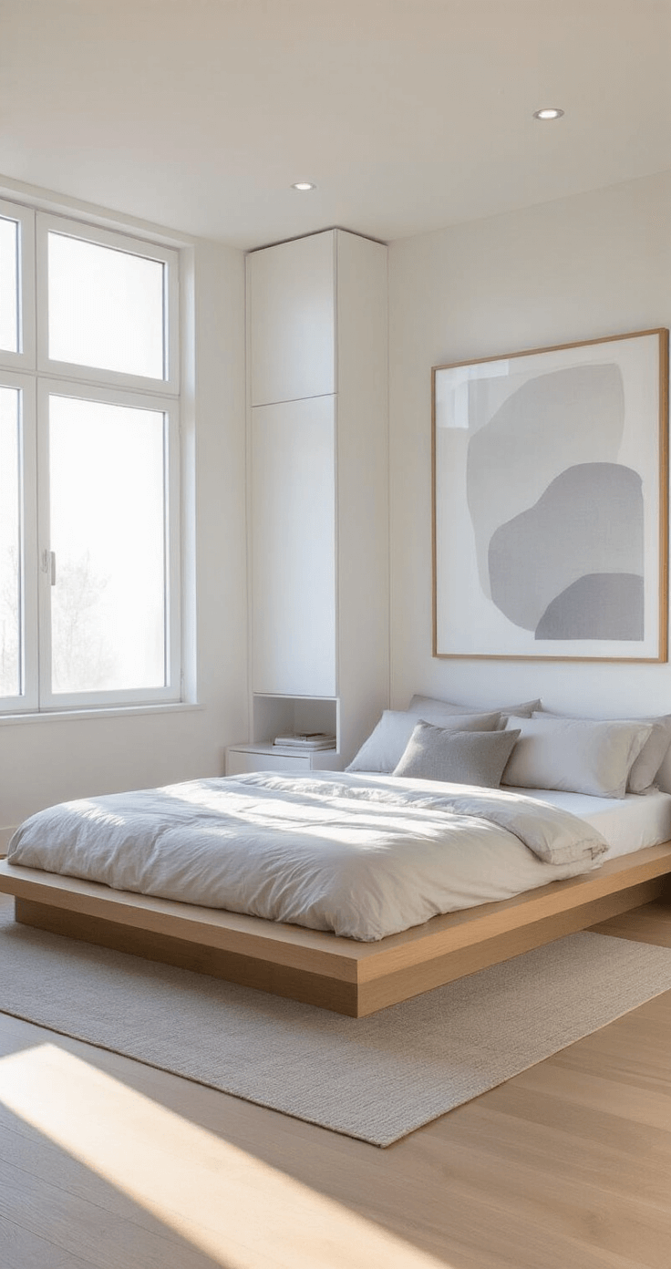 Modern minimalist bedroom featuring a light oak platform bed, floating white nightstands, and tall white built-ins, illuminated by golden hour sunlight, casting long shadows on light oak flooring.
