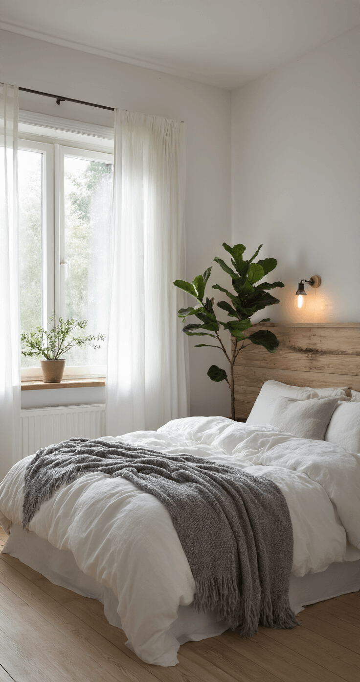 A serene Scandinavian bedroom with white-washed walls and natural pine flooring, featuring an 8'x10' bed with textured white bedding and gray wool throws. Morning light filters through sheer white curtains, illuminating a wooden shelf headboard with integrated reading lights, while a potted fiddle leaf fig adds a touch of greenery. The elevated perspective highlights the harmonious bed-to-window relationship.