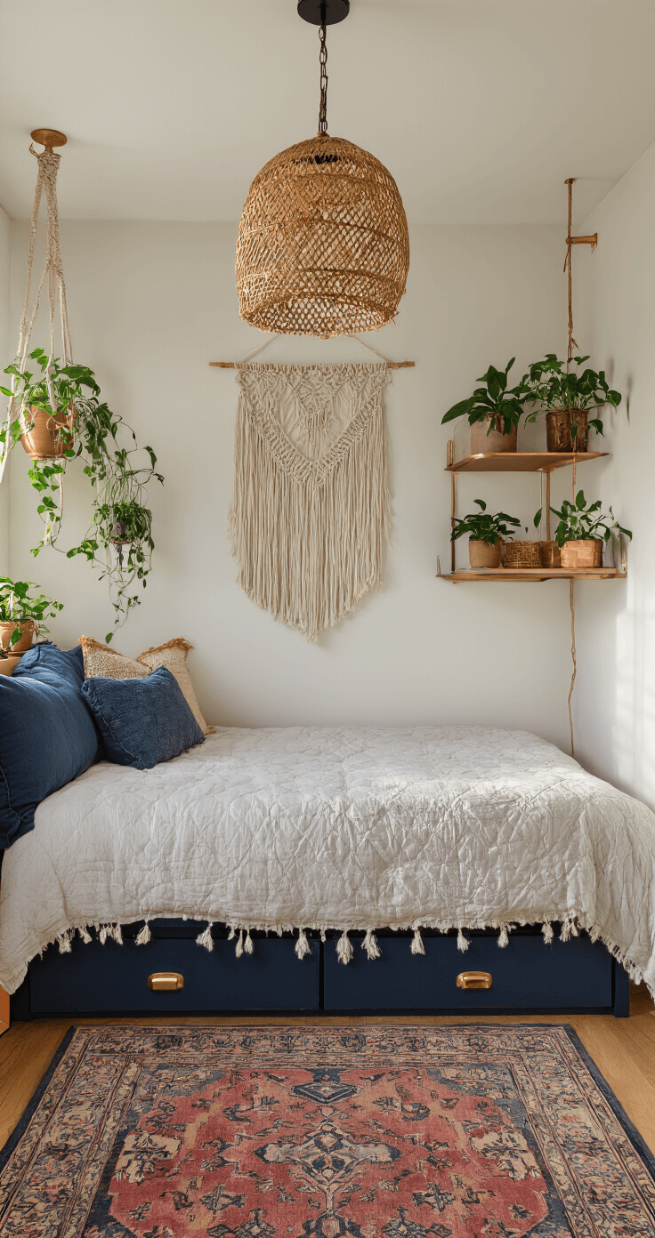 Cozy 9'x11' Bohemian micro studio featuring a distressed navy Murphy bed with brass hardware, macramé wall hangings, floating copper shelves with plants, a vintage Persian rug in muted jewel tones, and a rattan pendant light casting geometric shadows, captured from a low-angle perspective.