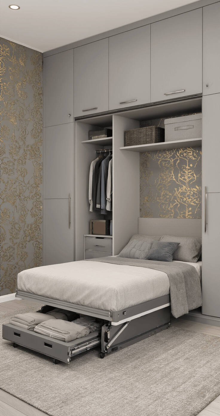 Compact 8'x9' bedroom featuring a dove gray floor-to-ceiling wardrobe with sliding panels, a queen bed with hydraulic storage lift, built-in niches, and metallic wallpaper, captured straight-on to highlight innovative storage solutions and overhead lighting.