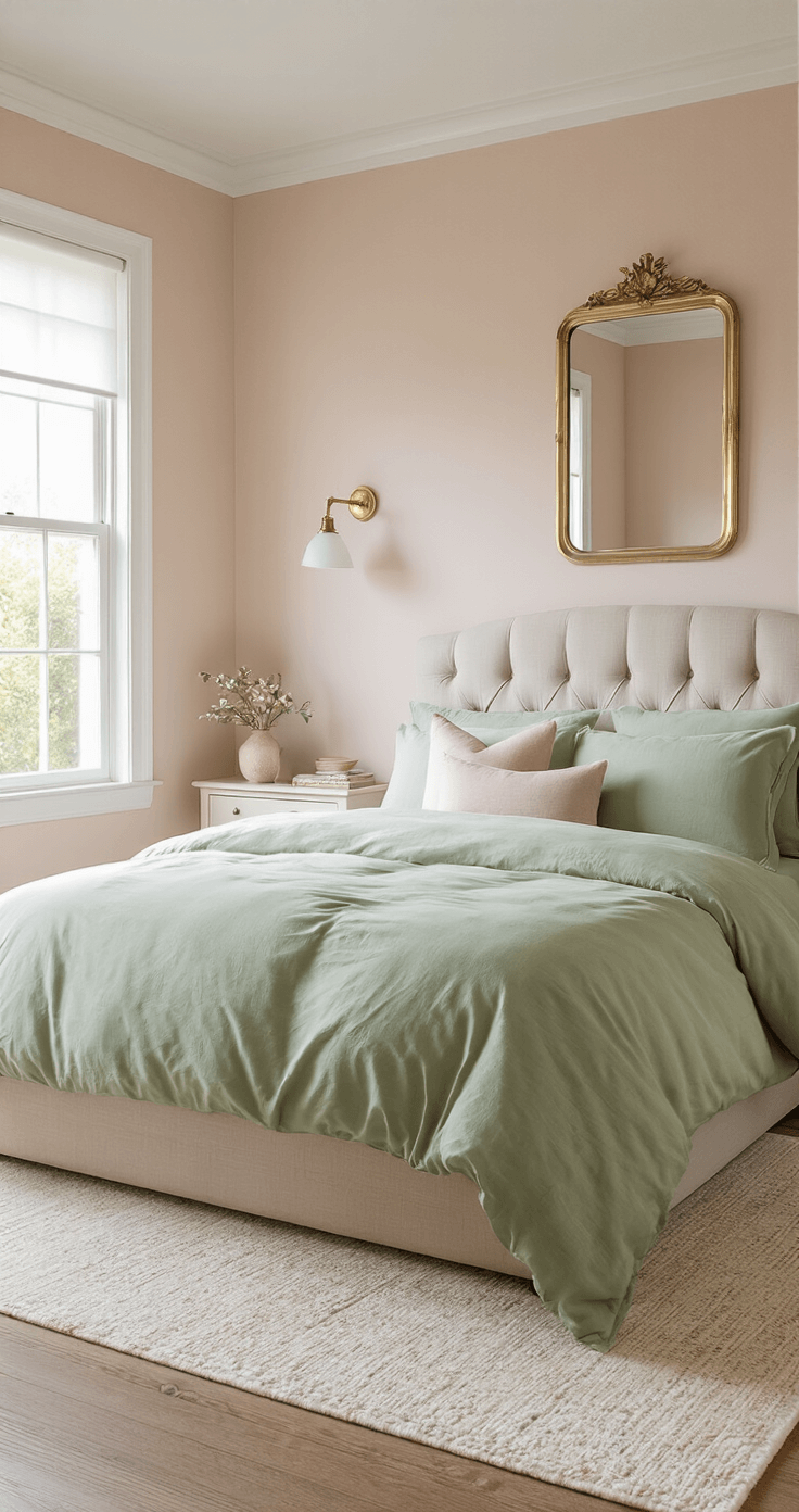 A pastel-themed 10'x10' bedroom featuring a blush pink accent wall, sage green bedding, and brass accents, illuminated by morning light through an east-facing window. The space includes a floating vanity that serves as a workspace, and a vintage mirror that reflects light, all captured with a wide-angle lens to showcase the full layout and soft natural lighting enhanced by pearl-finish wall sconces.